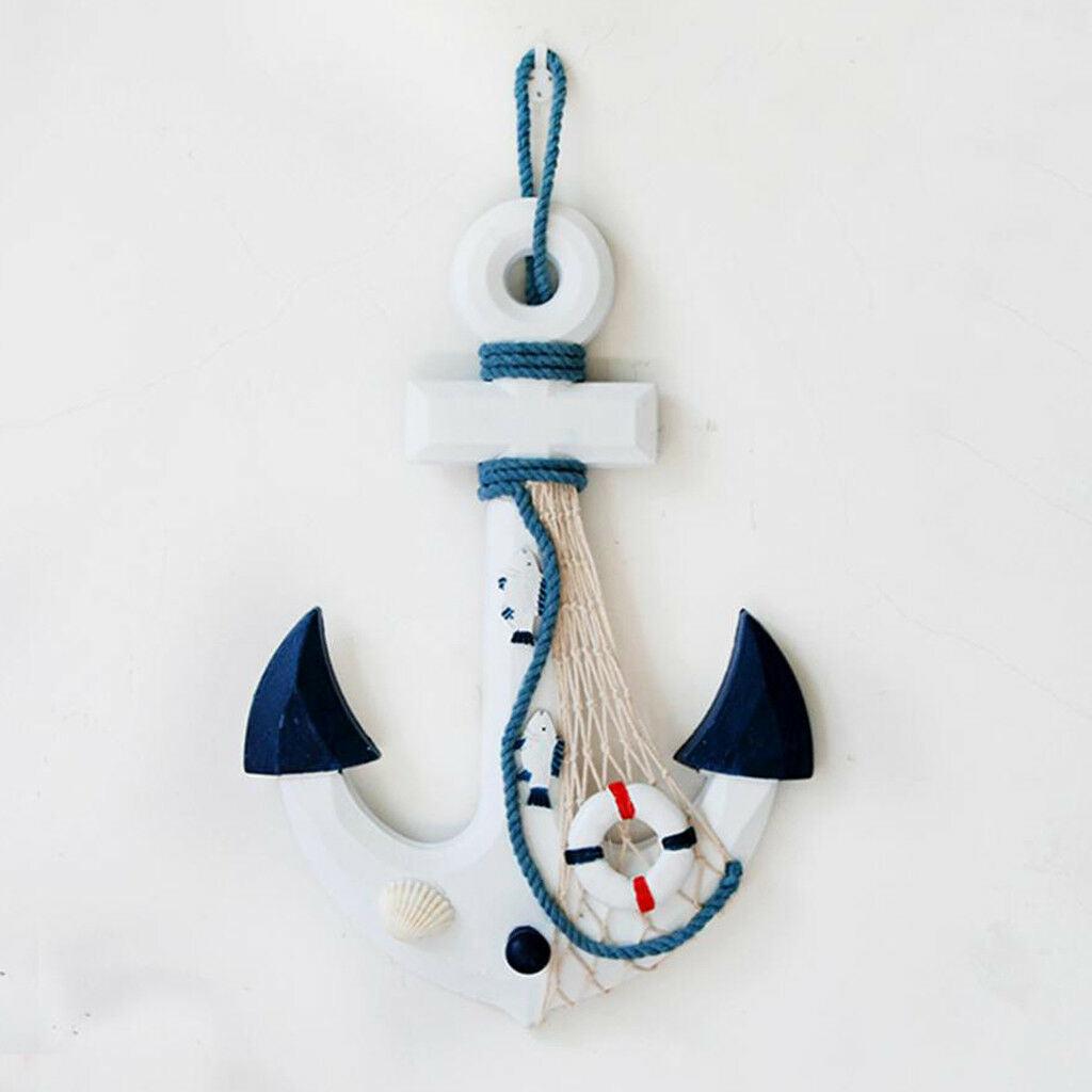 Wooden Nautical Anchor Hanging Decoration Coastal Plaque Blue and White b