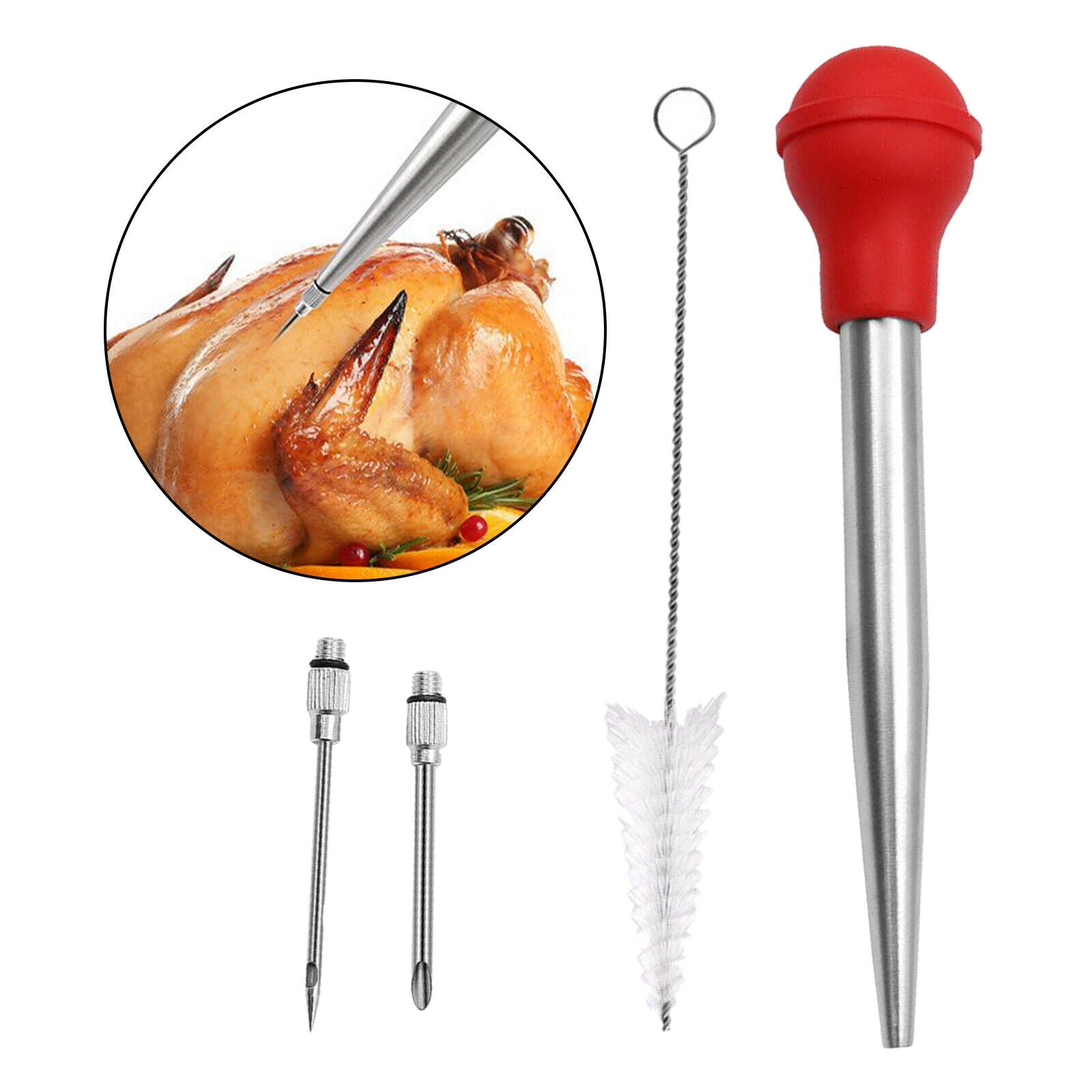 Stainless Turkey Baster Injector Needle Silicone Bulb for Basting Kitchen red