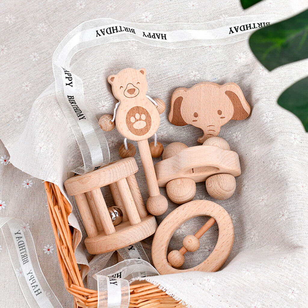 5pcs Wooden Rattle with Bell Fine Motor Learning Play Gym Educational Toys