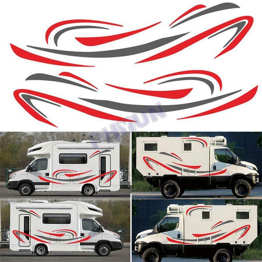2x Car Red & Grey Stripes Decals Stickers For Caravan Travel Camper Van RV BUS
