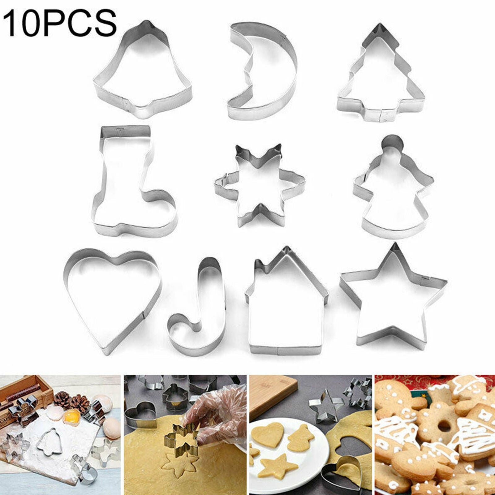 10pcs Christmas Metal Cookie Cutters Set Star Tree Bell Angel Candy Cane Biscuit