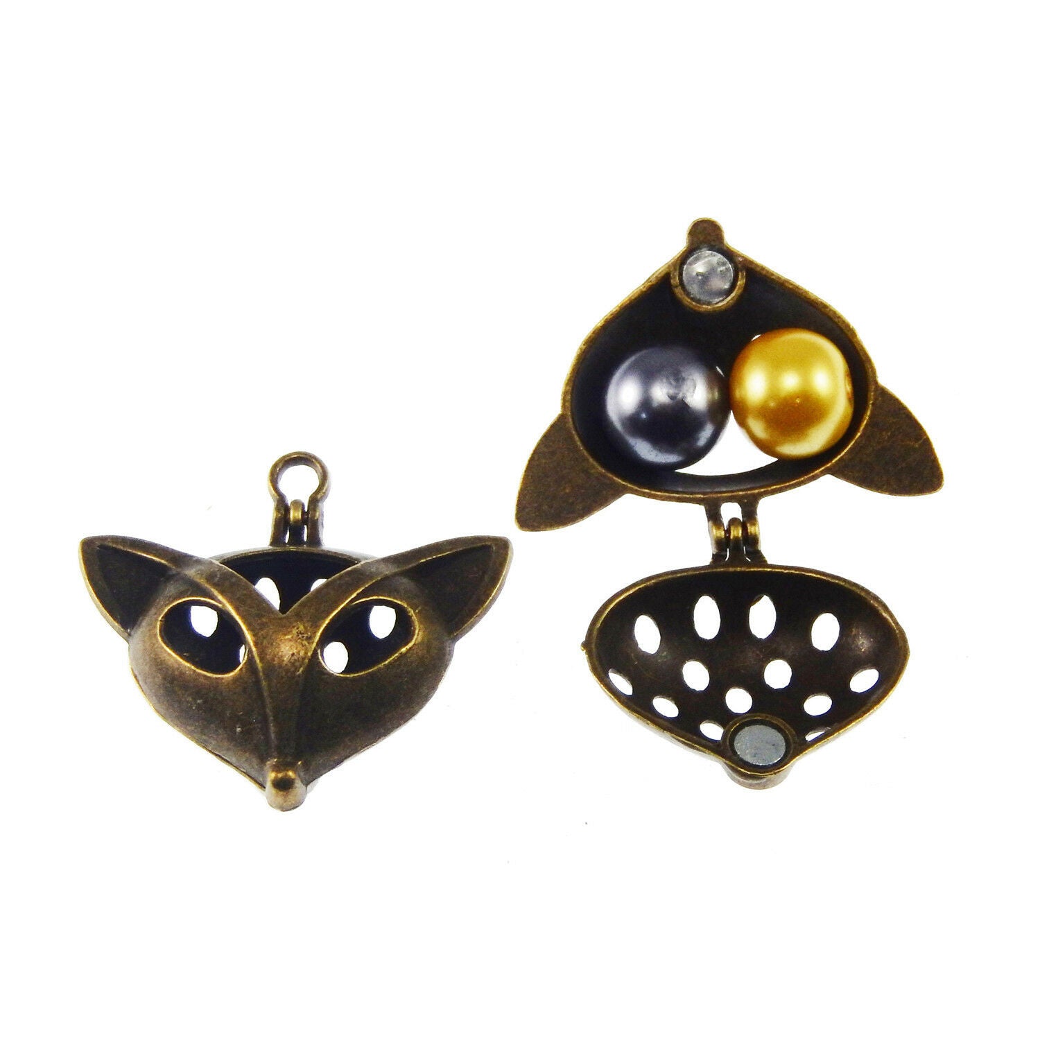 2 PCS Retro Bronze Magnetic Locket Hollow Fox Head Charm Pendant Jewelry 34*31mm