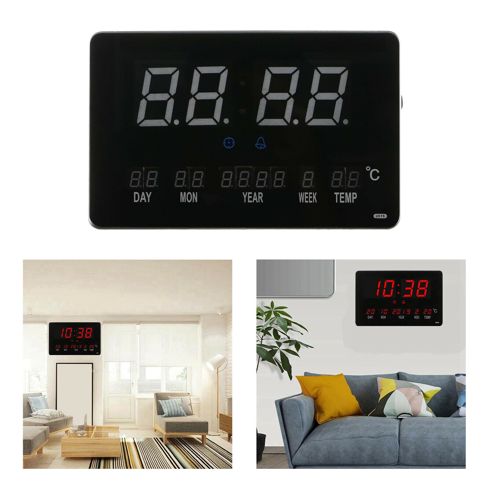 Digital Alarm Clock Bedside Wall Clock Hourly Chime for Bedroom Living Room