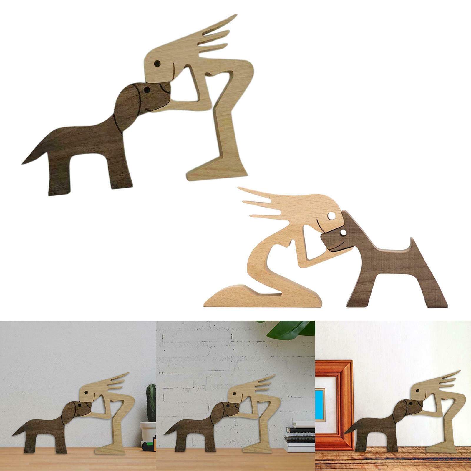 2pcs Wood Carving Cute*Dog Statue Pet Sculpture Statue Bookcase Shelf Decor