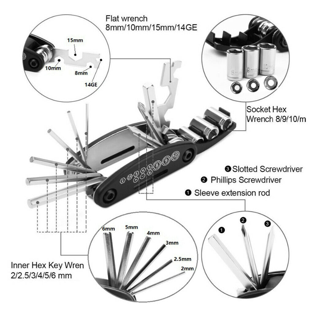 16 in 1 Multi-Function Bike Bicycle Cycling Mechanic Repair Tool Kit