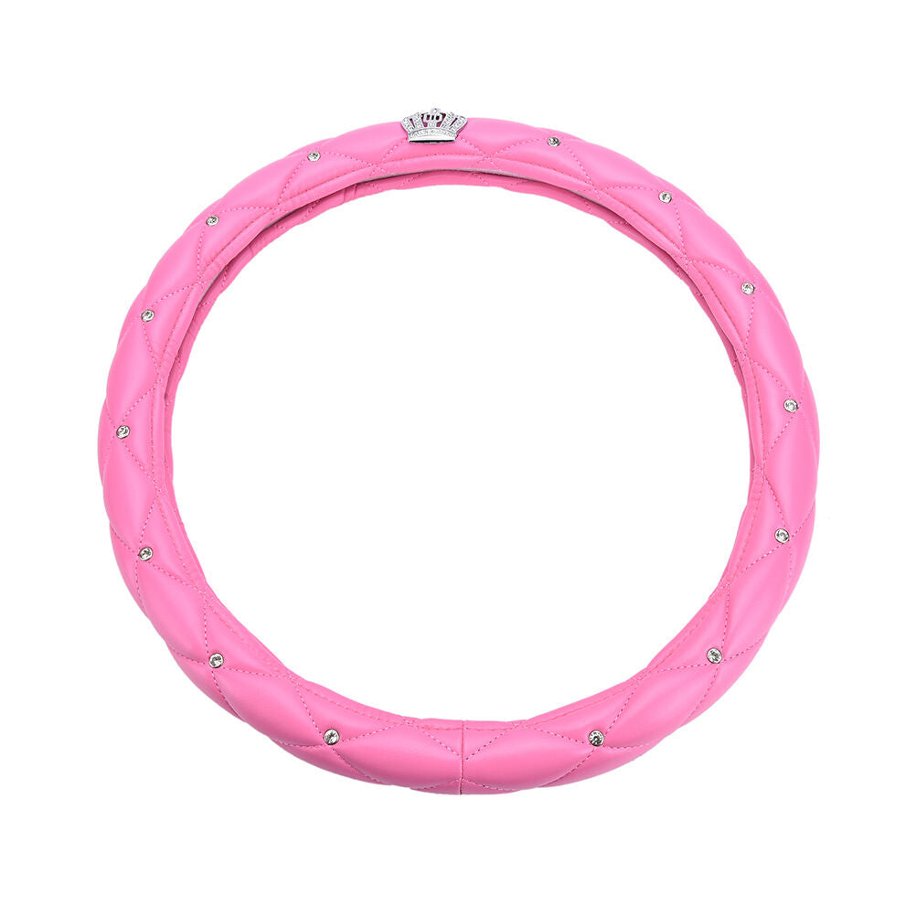 Universal Steering Wheel Cover Leather Shinny Crystal Crown Pink Girl GifY RC