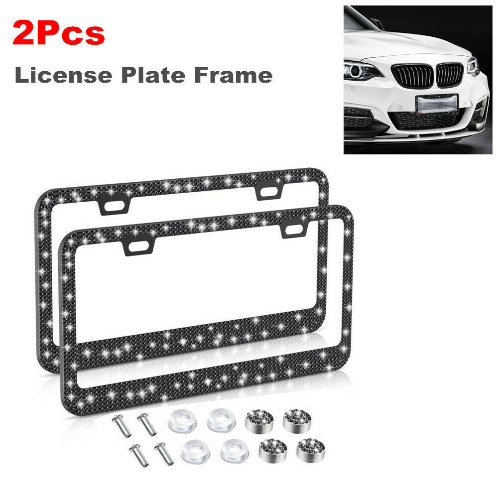 2Pcs Shine Diamond Stainless Steel Car License Plate Frame + Screw 12.4" X 6.3"