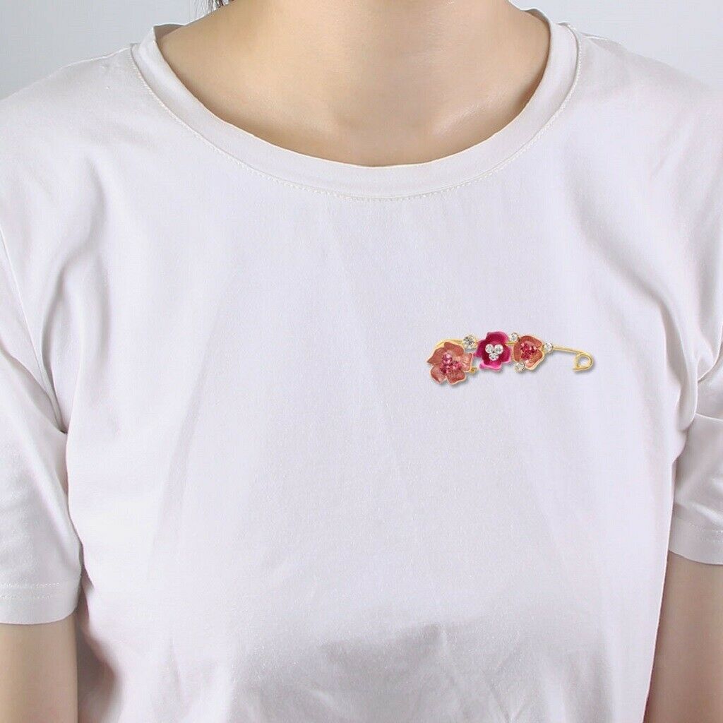 Women's Crystal Rhinestone Camellia Flower Brooch Pin Golden Tone Red