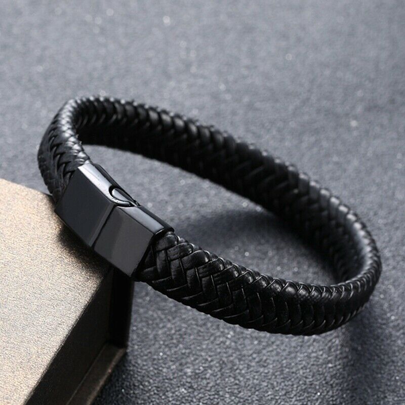 Black Men Stainless Steel Metal Leather Braided Bracelet Rope Chain Bangle Gift