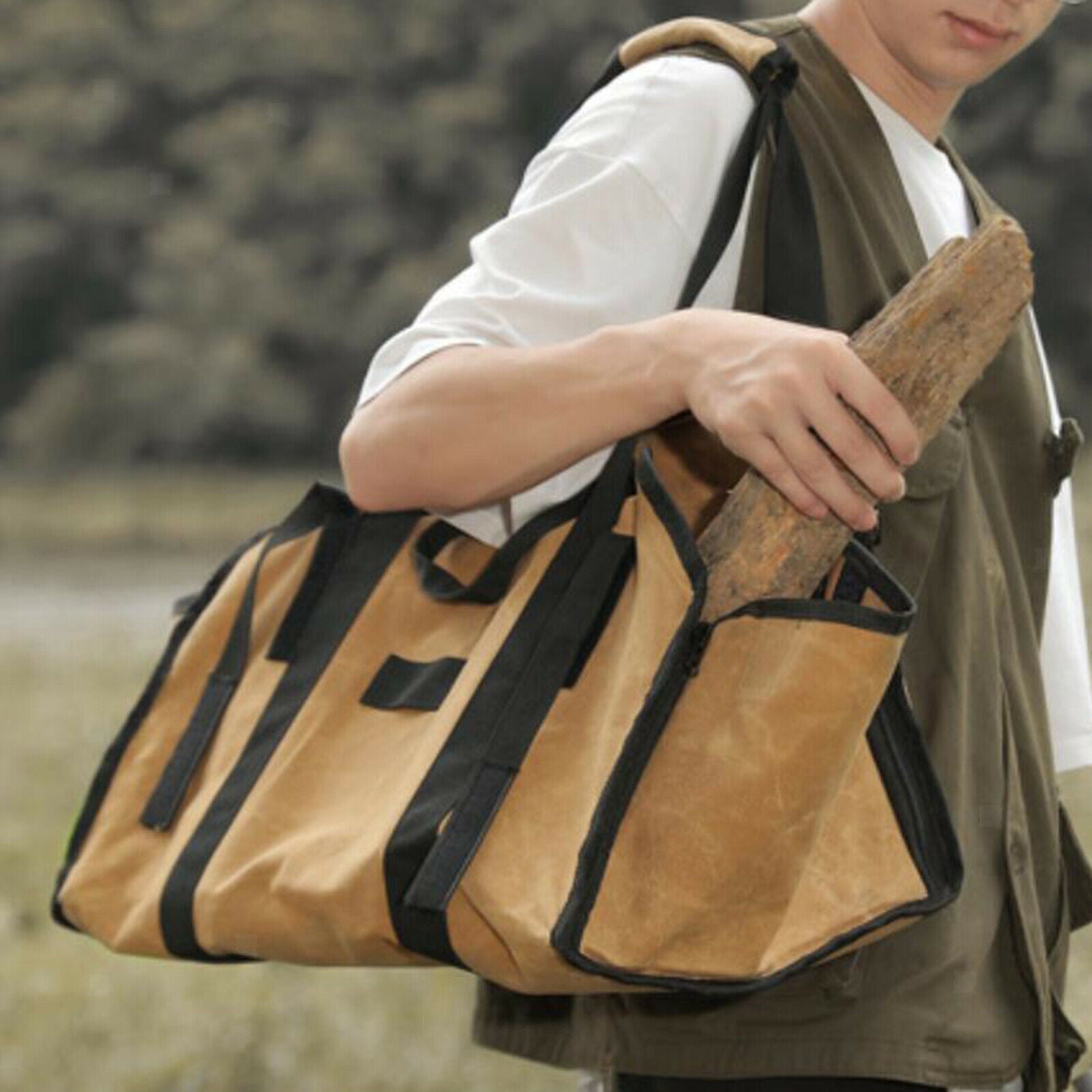 Wax Canvas Firewood Bag Indoor Log Carrier Tote Wood Holder BBQ Accessory