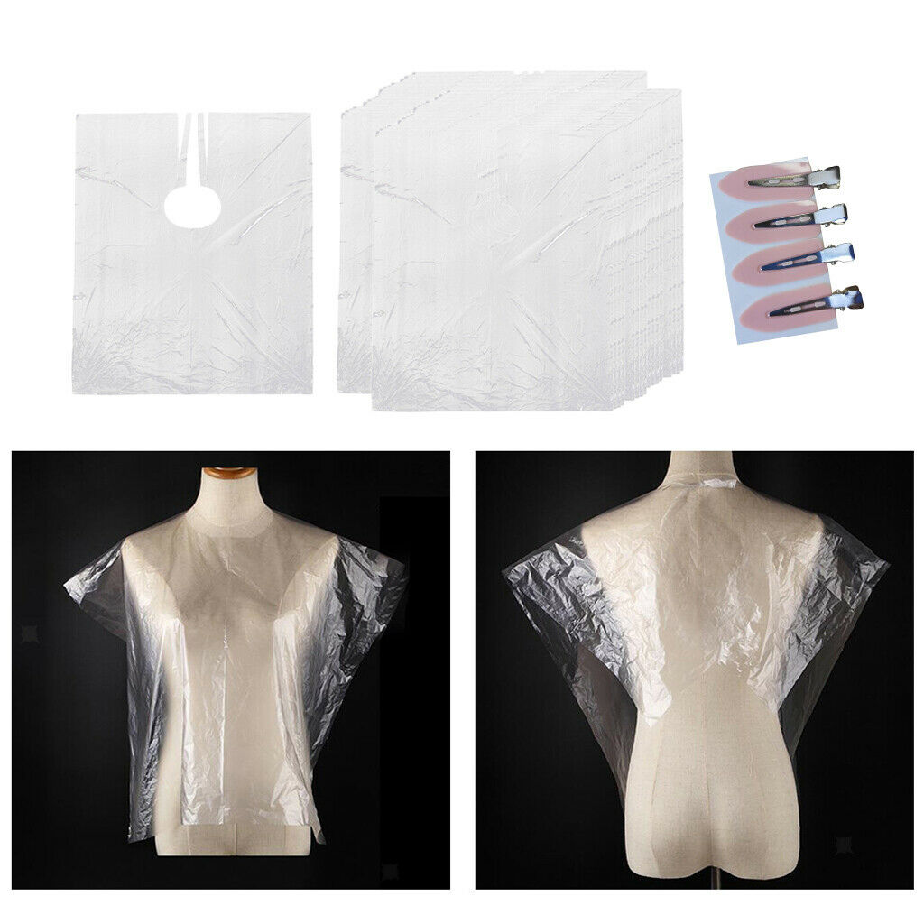 100Pcs Disposable Hair Cutting Cape Transparent Gown with 4pcs No Bend Clips