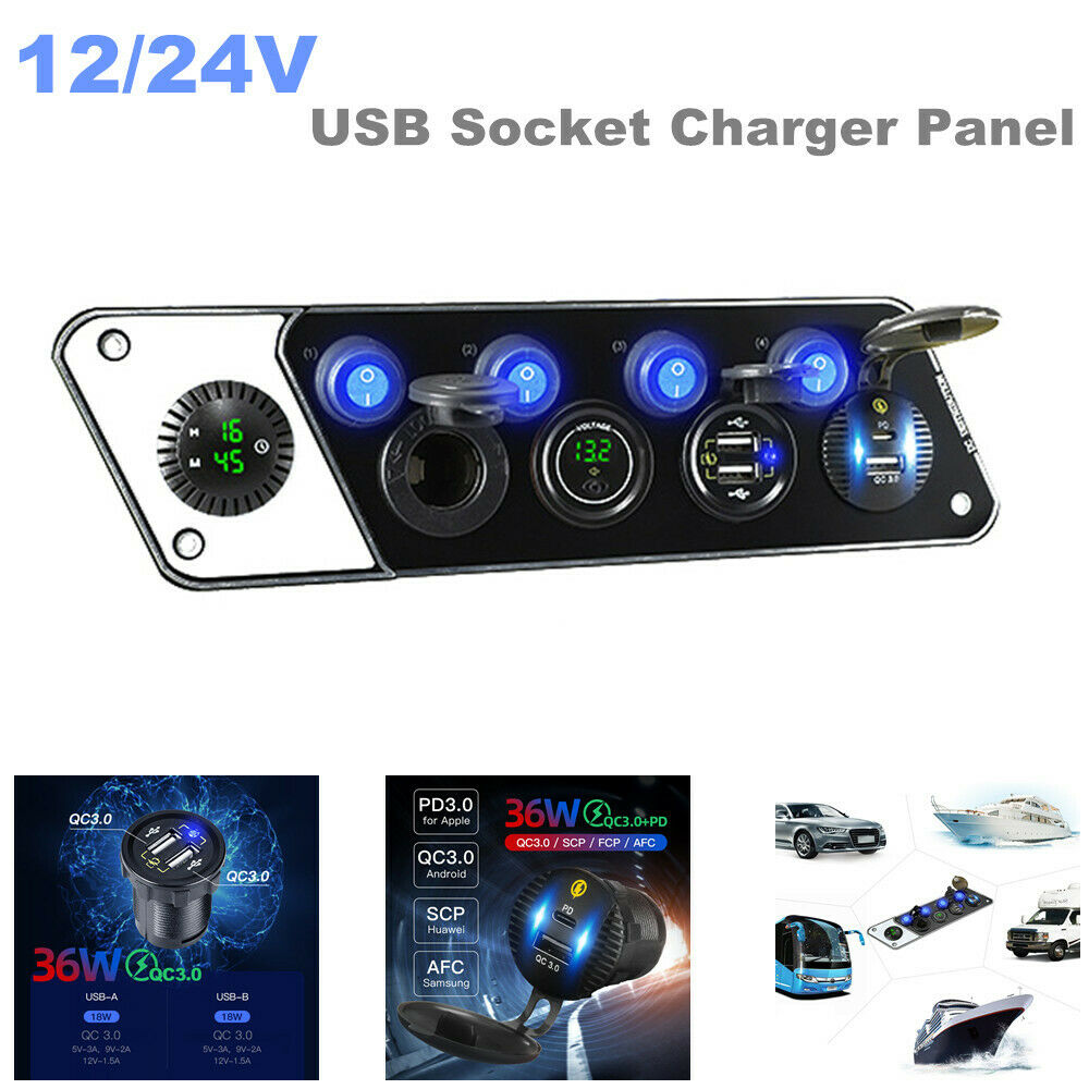 USB Socket Charger Panel LED Voltmeter 12V Power Outlet for Car Boat Trailer RV