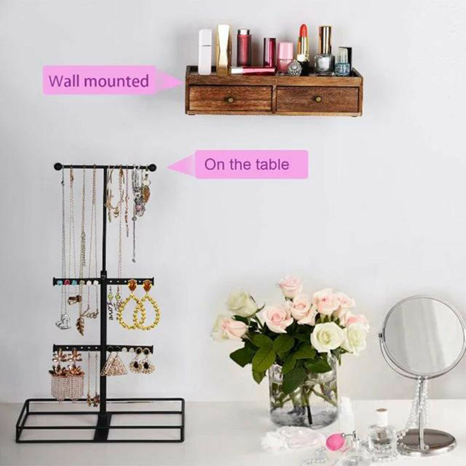 Metal & Wood 3 Tier Jewelry Stand  with Wooden Drawer Storage Box