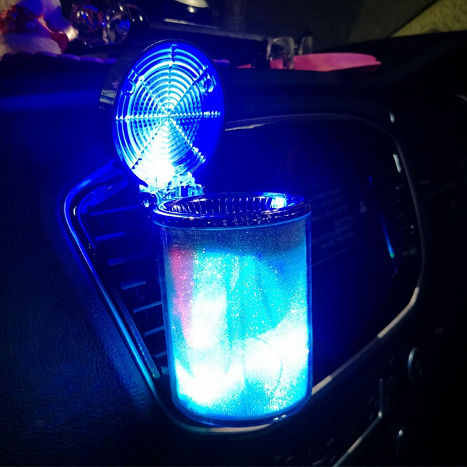 LED Car Cup Cigarette Smoke Ashtray Travel Cigarette Cylinder Holder w/ Lid