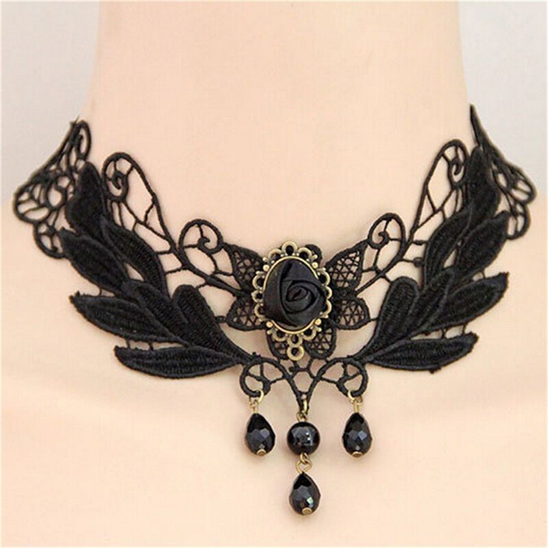 Women's Black Rose Teardrop Bead Pendant Lace Choker Lolita Collar Neckla.l8