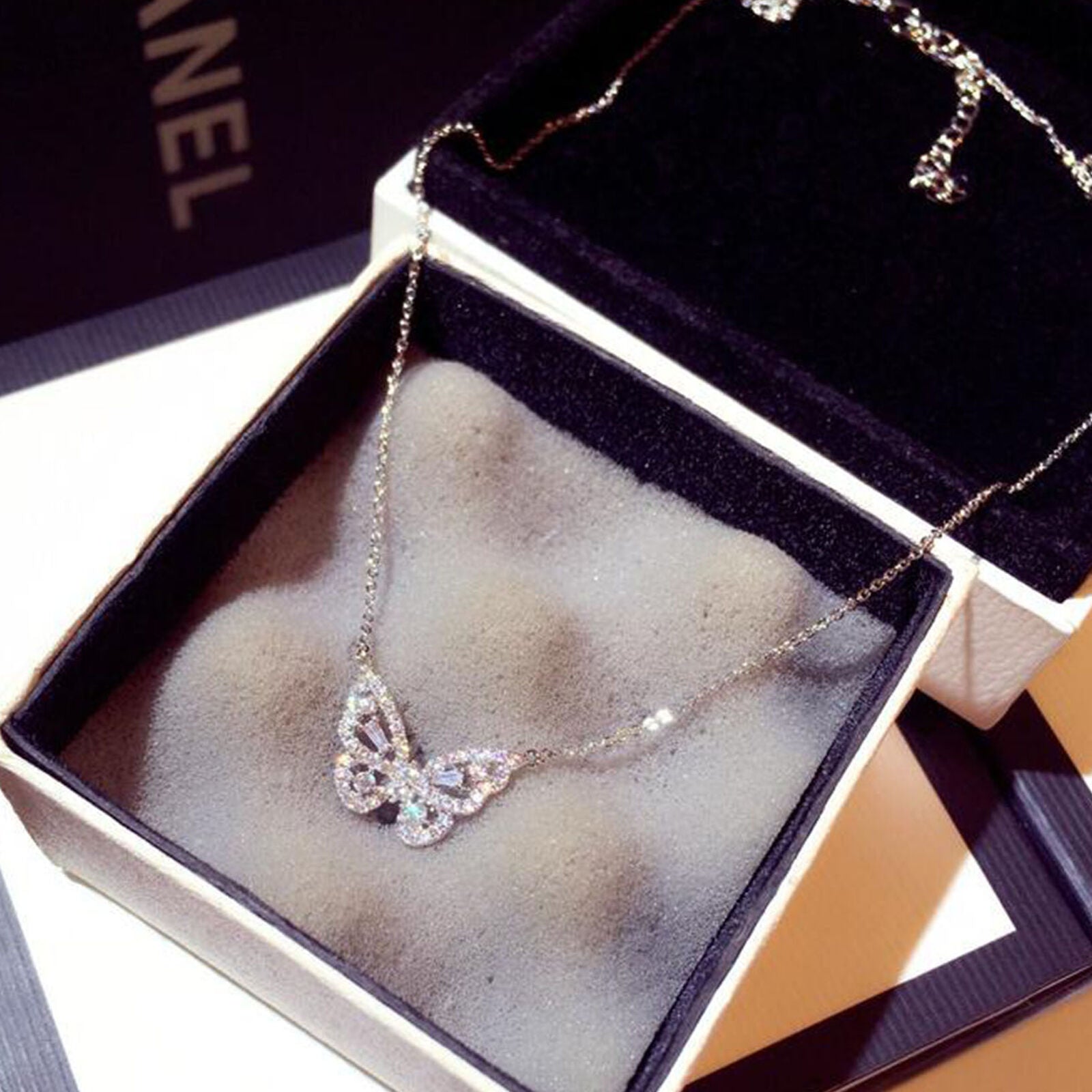 Women Butterfly Pendant Necklace Crystal Copper Long Chain Choker Jewelry Gift
