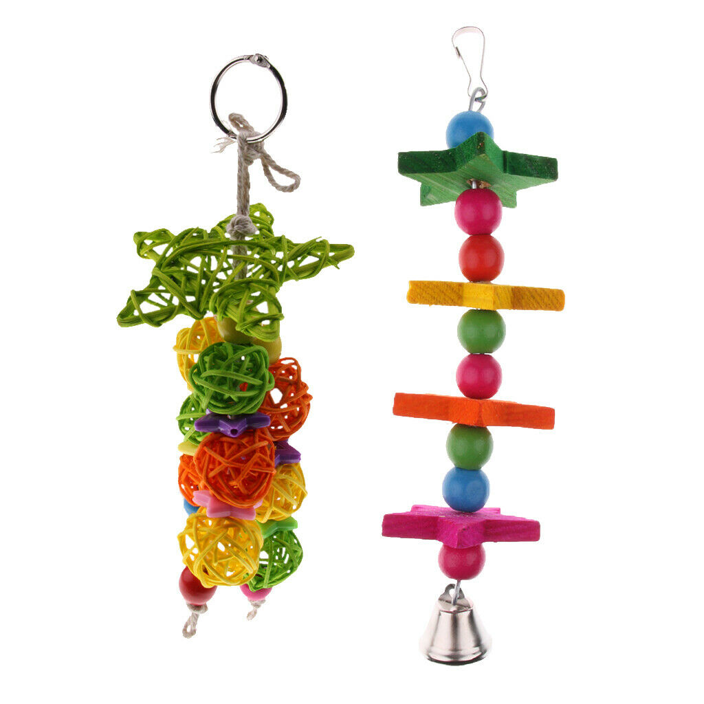 2 Pieces Hanging Parrot Chewing Toys with A Bell - Multicolored Wooden Blocks