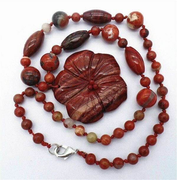1 Strand 50x8mm Natural Red Rainbow Jasper Flower Pendant Beaded Necklace HH7335