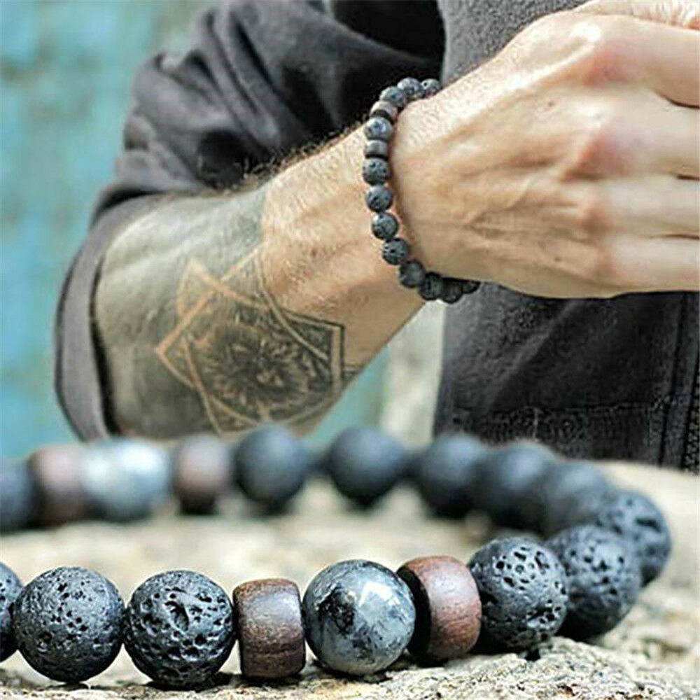 Men Women Natural Stone 8mm Lava Rock Bracelet Elastic Yoga Beads Bracelet