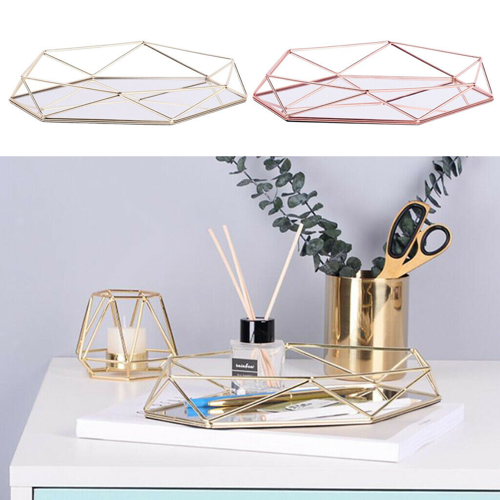 Metal Glass Jewelry Tray Makeup Cosmetic Organizer Storage Box Dessert Plate -