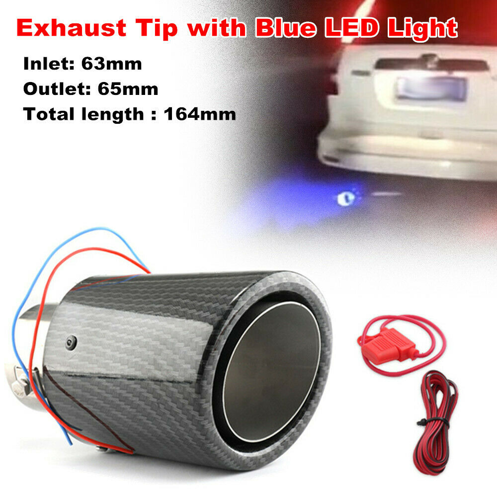 63mm 2.5" Inlet Car Muffler Carbon Fiber Style Exhaust Tip Pipe Blue LED Light