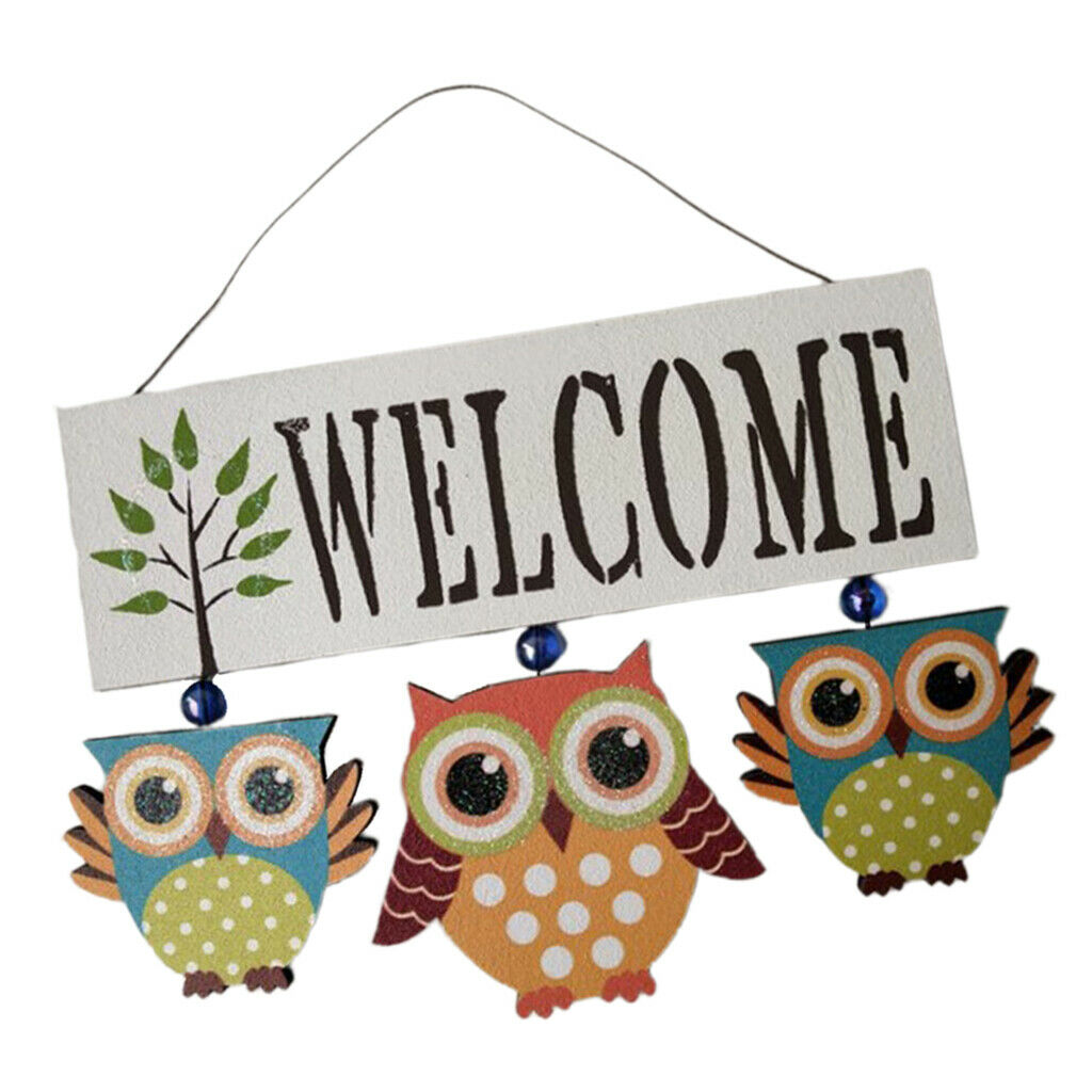2pcs/set Wood Owl Welcome Signs Hanging Plaque Notice for Home Garden Bar