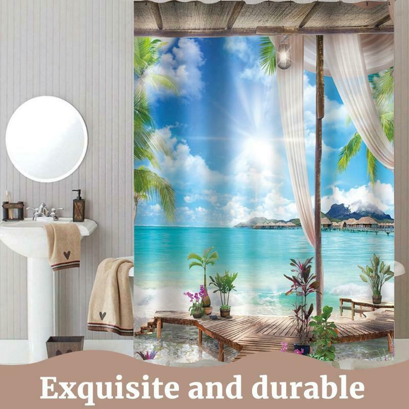 Beach Palm Waterproof Landscape Shower Curtain Ocean Scenery Bath Curtain Decor
