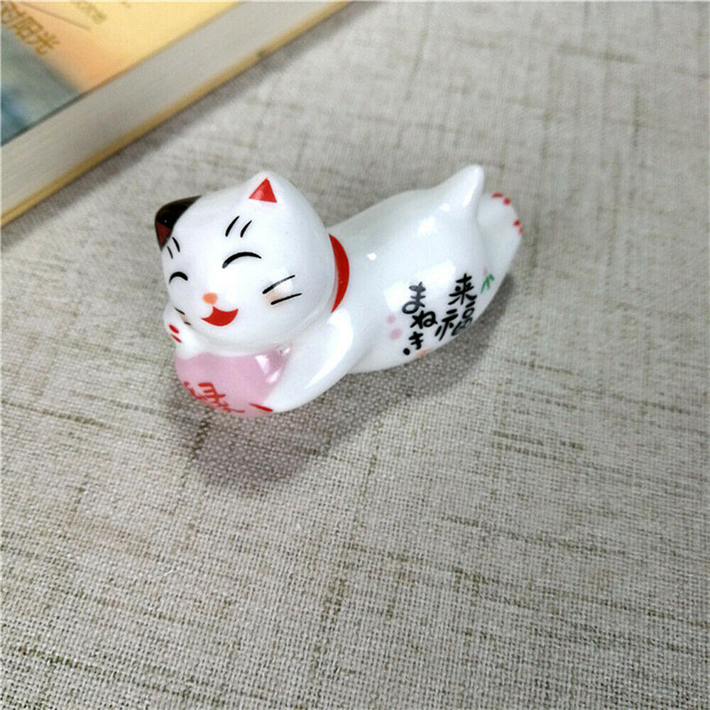 5Pcs Japanese Lucky Cat Ceramic Chopstick Holder Spoon Rest Rack Decor Cutlery