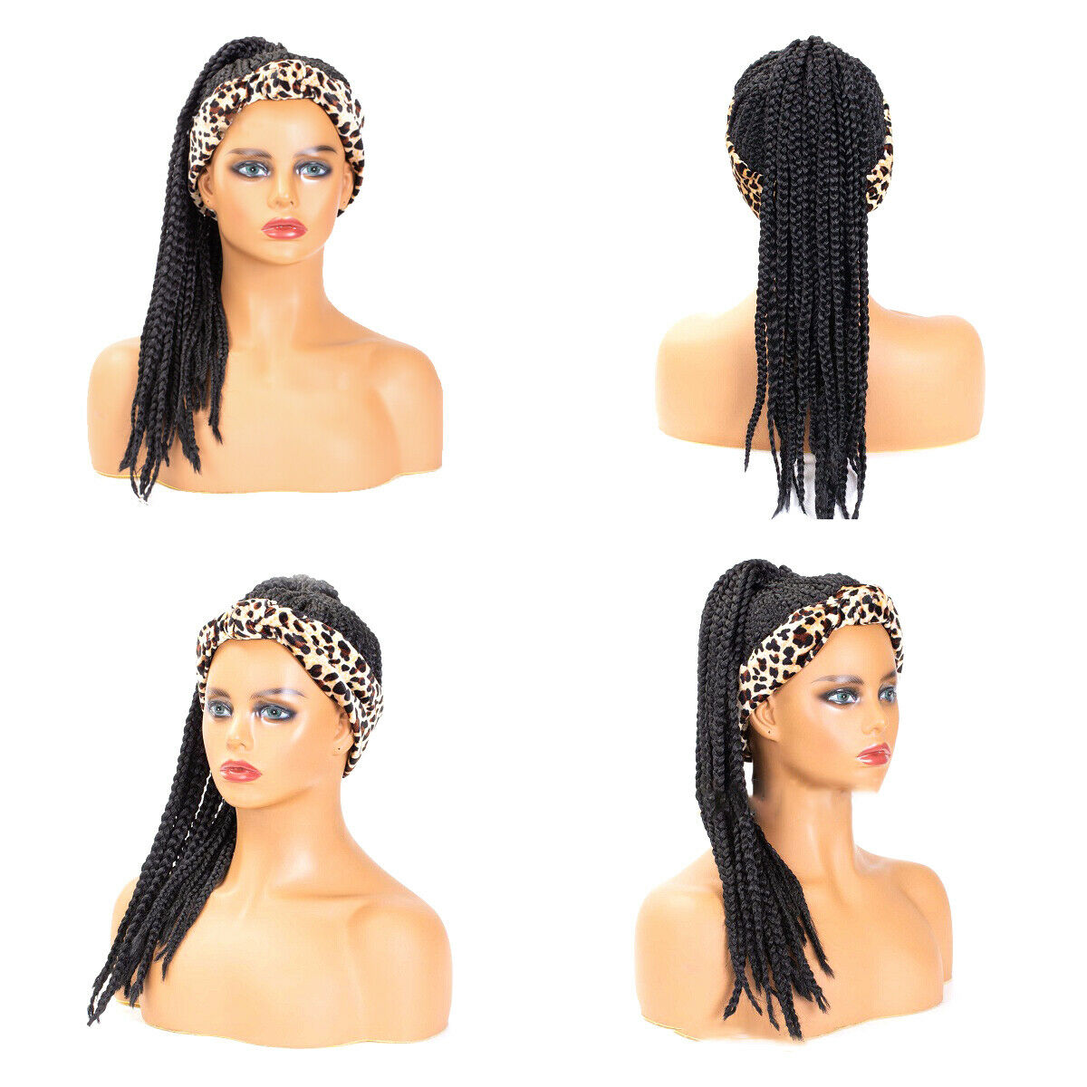 Black Womenâ€˜s Box Braids Wrap Wigs High Ponytail Wig Leopard Turban Headband Wig