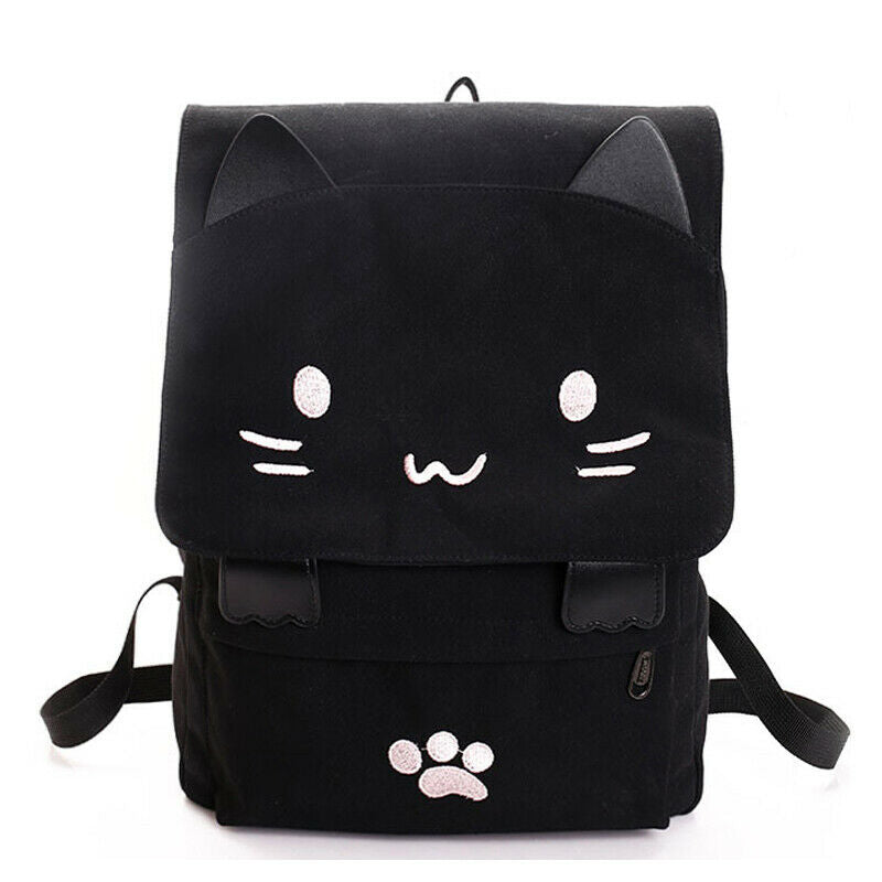 1X(fashion Cute Cat Embroidery Canvas Student bag Cartoons Women Backpack Le4L5)