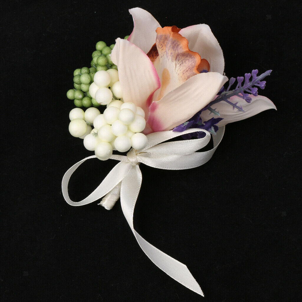 Wedding Bridal Groom Orchid Flower Boutonniere Corsage with Ribbon 8