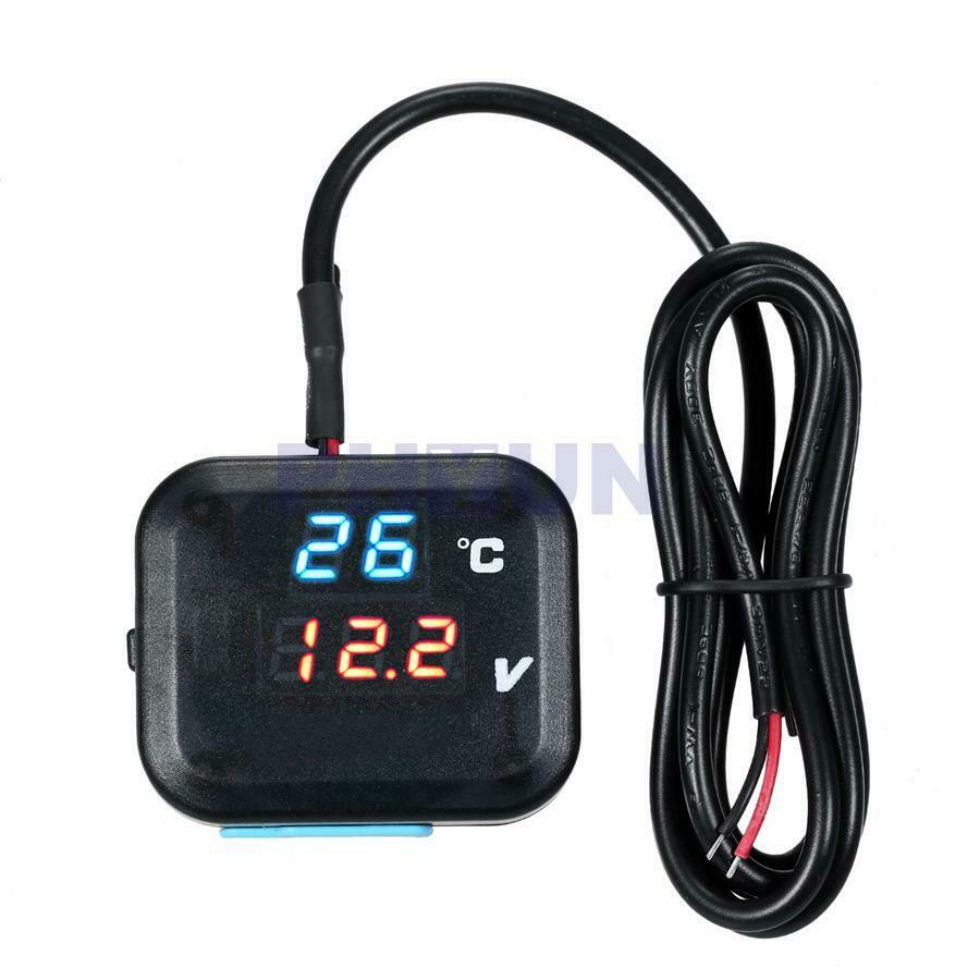 12V Motorcycle Digital Display Voltage Temperature Monitor Gauge w/ USB Charger