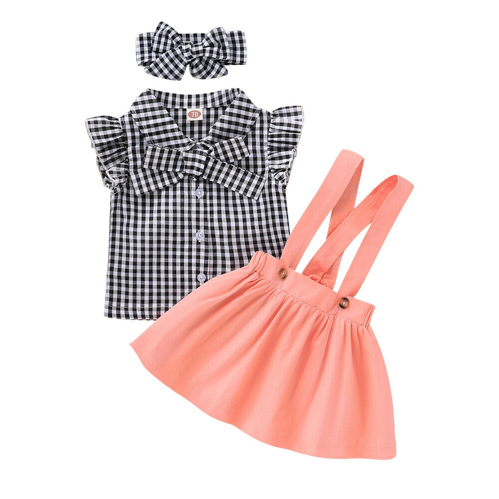 Toddler Baby Girls Suit Plaid Shirt + Suspender Skirt + Headband Clothing NEW