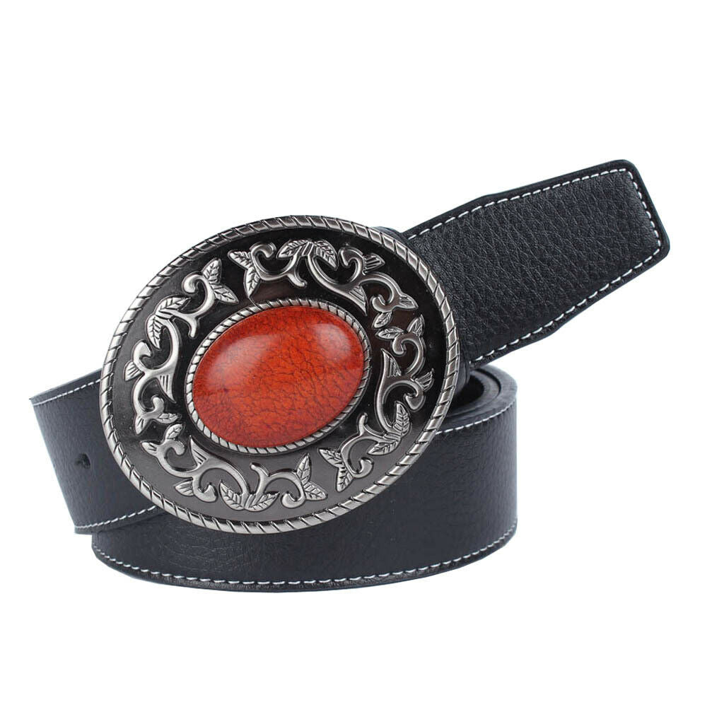 unisex Women Men Belts with Tang Glass and coral ruby Buckle Waistband Black