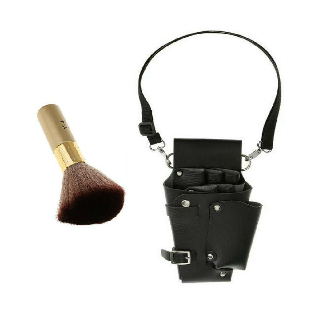 Leather Hairdressing Scissors Combs Bag Barber Holster + Neck Duster Brush