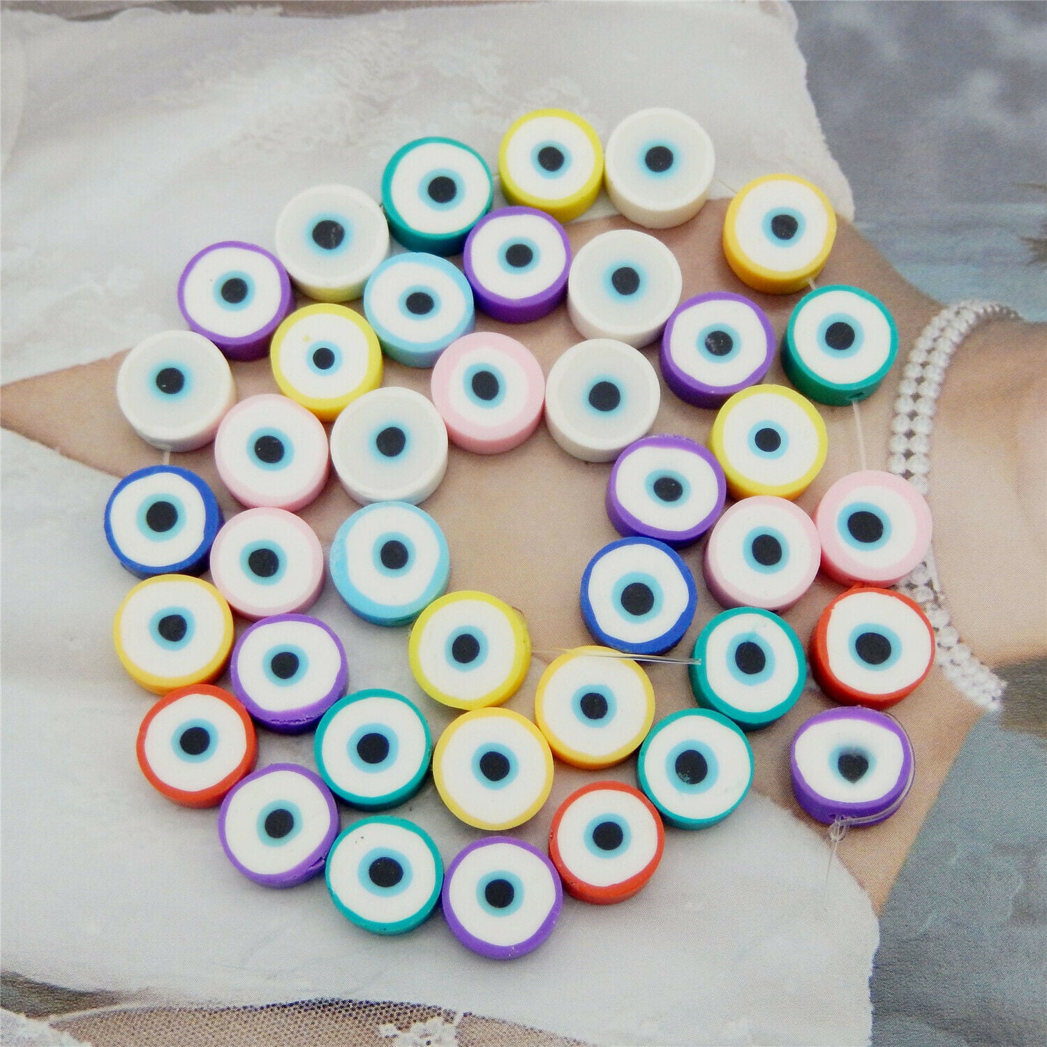 40 Assorted Round Polymer Clay Evil Eye Bead Bracelet Spacer Jewelry Craft 10mm
