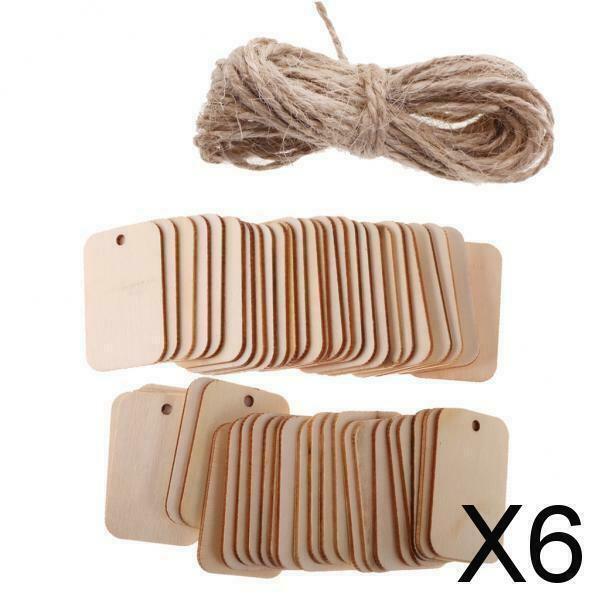 6X 50 Pieces Square Wooden Tags Wedding Holiday Pendants Wood Plaque w/ String