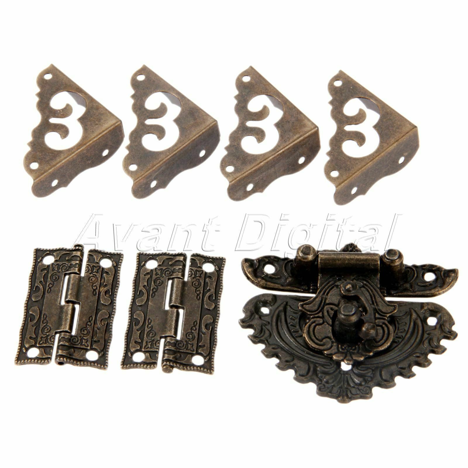 Classic Carved Flower Box Latch Hasp & Corner Protectors Guard & 2x Hinges Set