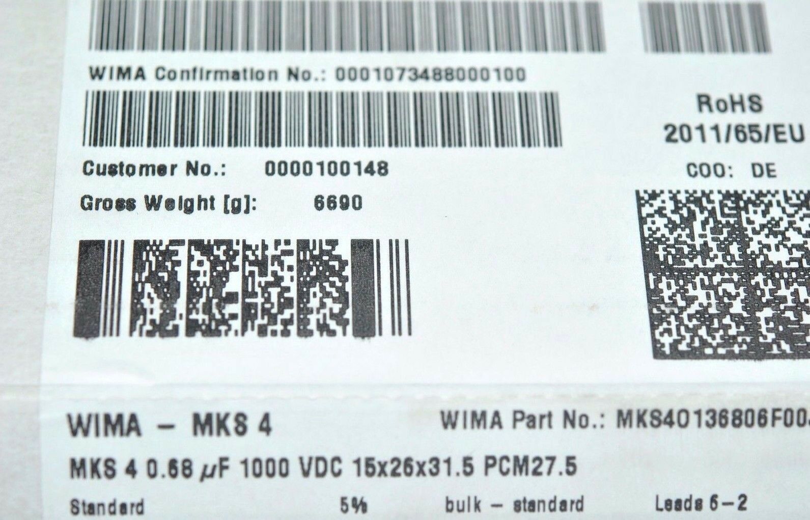 2pcs - WIMA MKS4 0.68uF (0,68µF 680nF) 1000V 5% pitch:27.5mm Capacitor