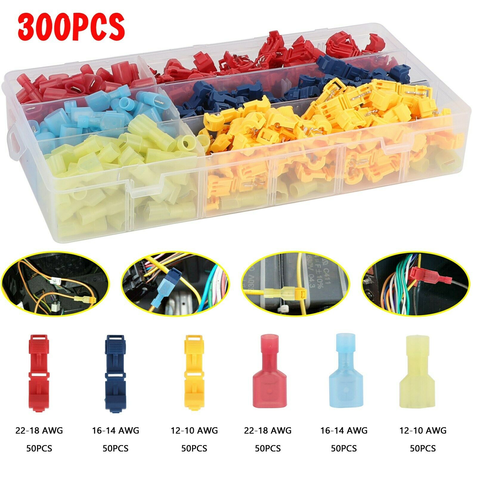 300Pcs Insulated T-Taps Quick Splice Wire Terminal Connectors Kit 22-10 AWG CN