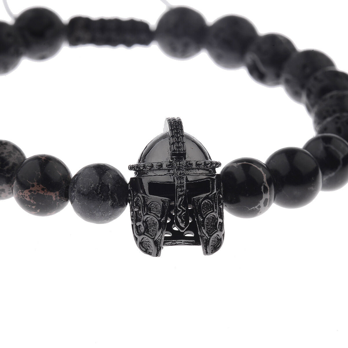 Men Charm Black Spartan Helmet Beaded Natural Stone Adjustable Macrame Bracelets