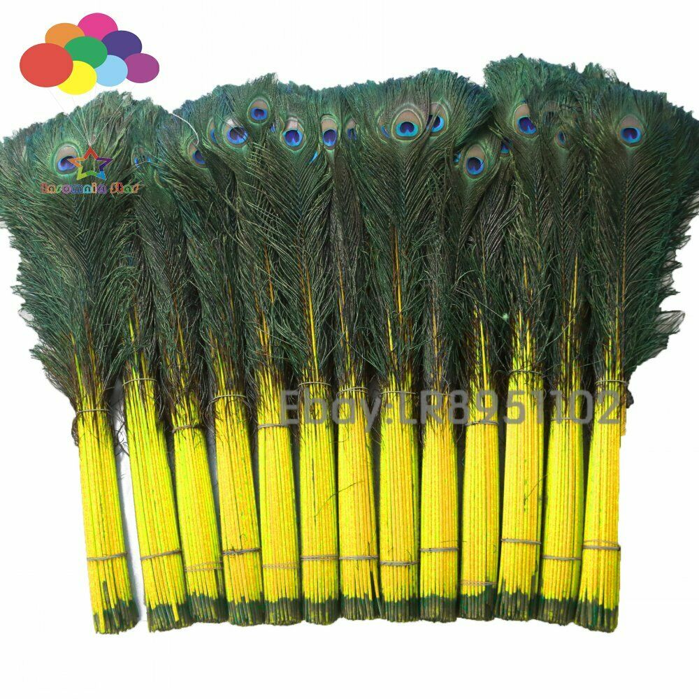 Wholesale 100 pcs Yellow Peacock Eye Tail Feathers about 70-80 cm for Earring