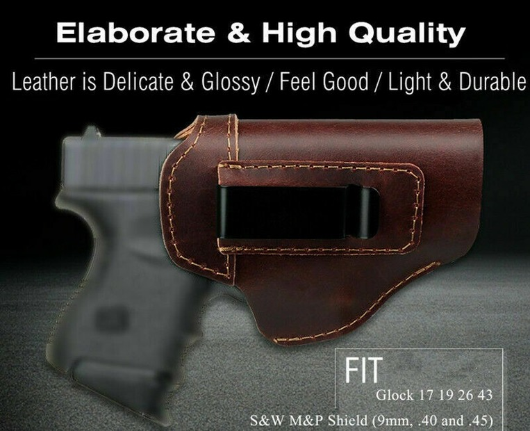Universal Brown Leather IWB Right Hand Pistol Holster Fit Glock 17 19 26 43 S&W