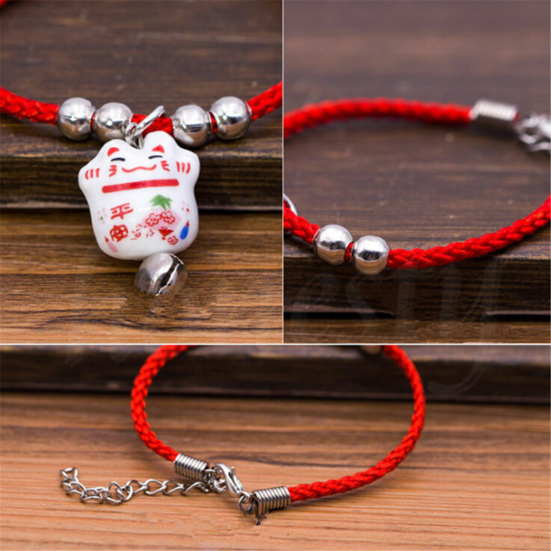 10PCS Lucky Ceramic Fortune Cat Red Rope Bracelet Pendant Fengshui Blessing Gift