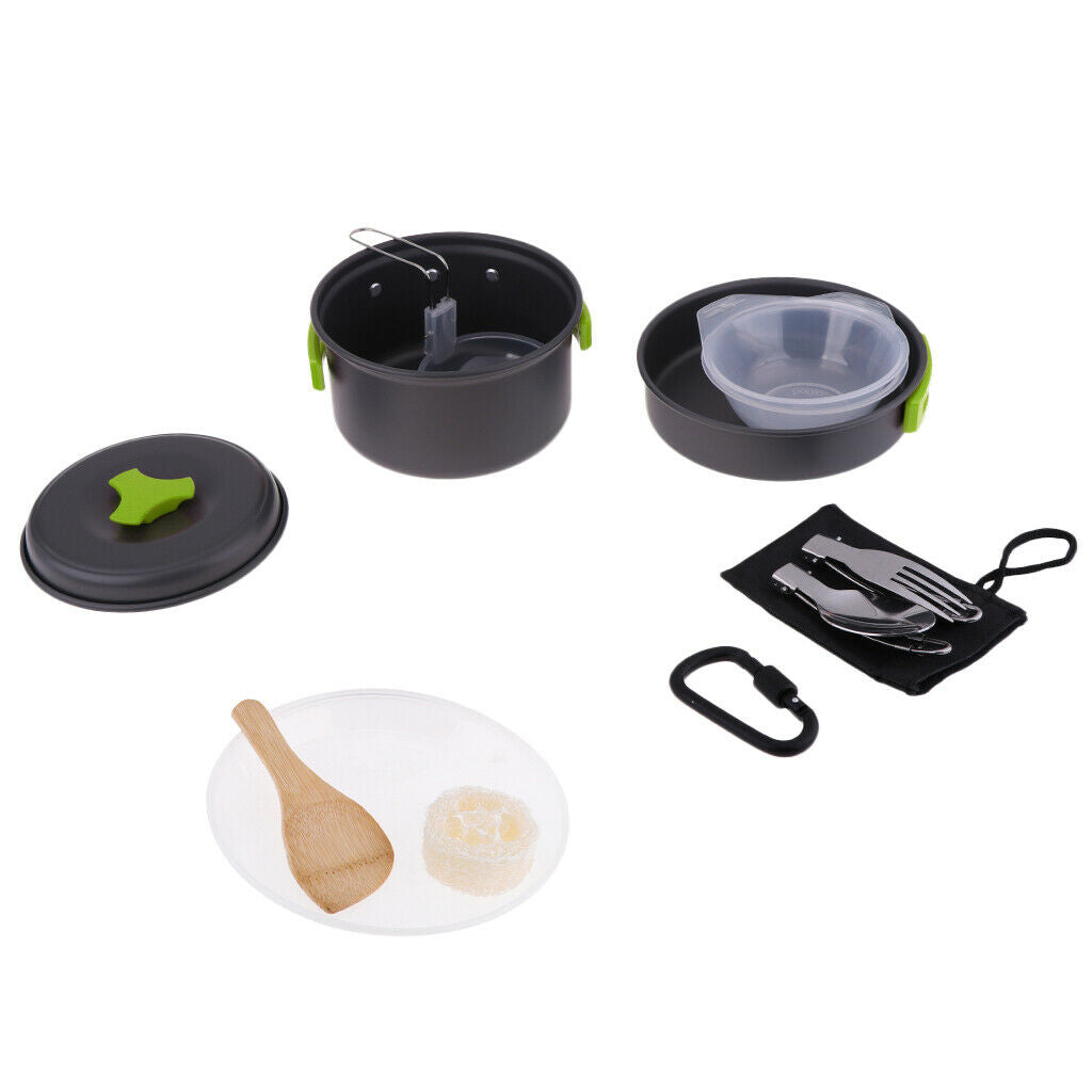 Aluminum Camping Mess Kit Cookware Cutlery Foldable Pot Pan Bowl Dish Green