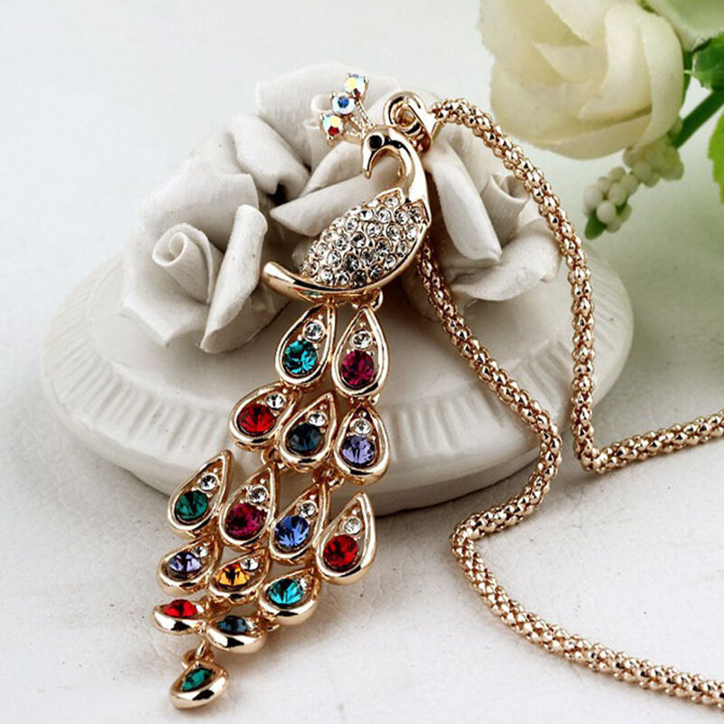 Trendy Peacock Pendants Long Colorful Crystal Necklace for Women Beauty Lt
