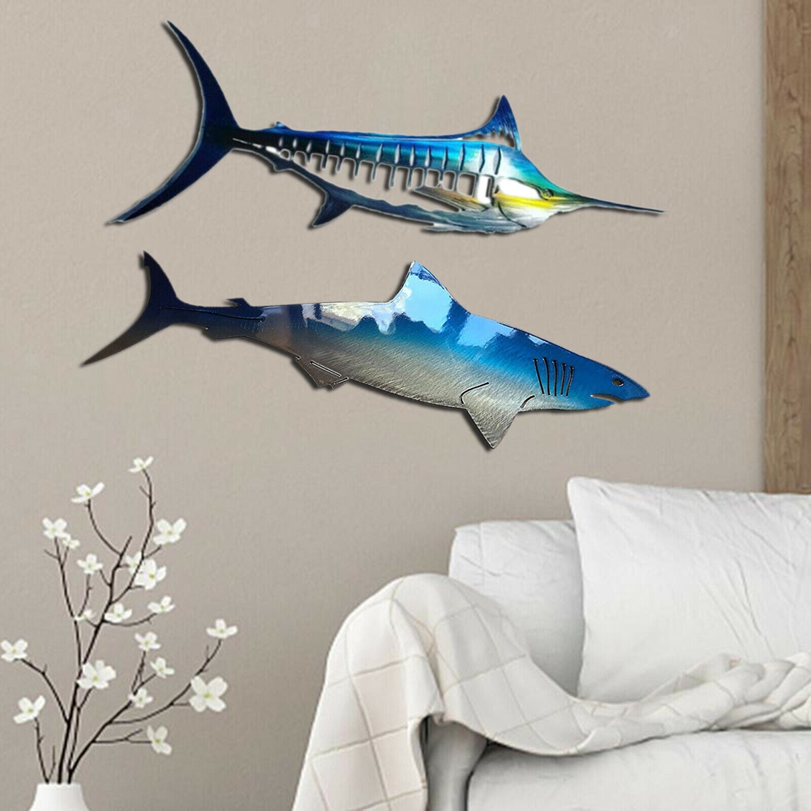 2x Metal Shark Wall Art Decor Art Ocean Fish Hanging Sculpture Garden Patio