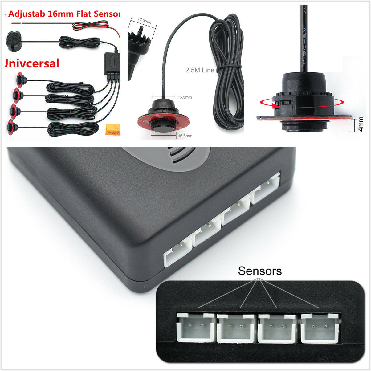 4Adjustab 16mm Flat Hidden Sensors Reverse Backup Radar Sound Buzzer Alarm Sound