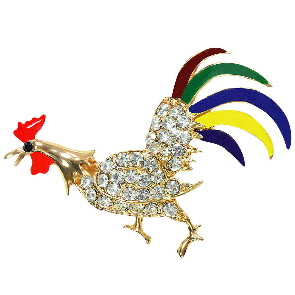 Rooster Cock Brooch Pin Zodiac Animal Enamel with Sparkling Zircons golden