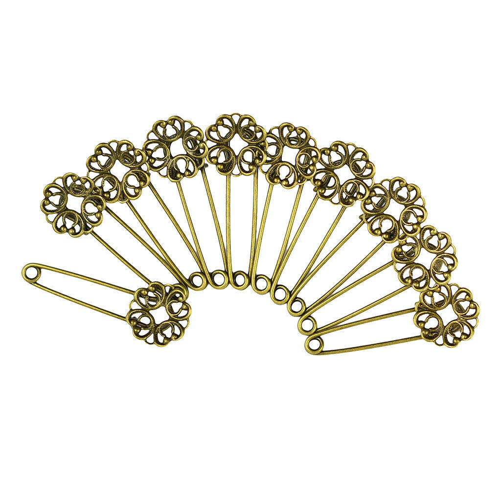 10pcs Blank Filigree Flower Base DIY Hijab Brooches Safety Pins Retro Bronze